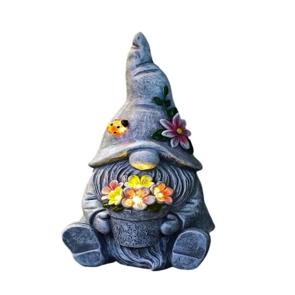 Sitting Gnome Statue Holding Flower-Solar Powered Garden Gnome Decoration with LED Light for Outdoor