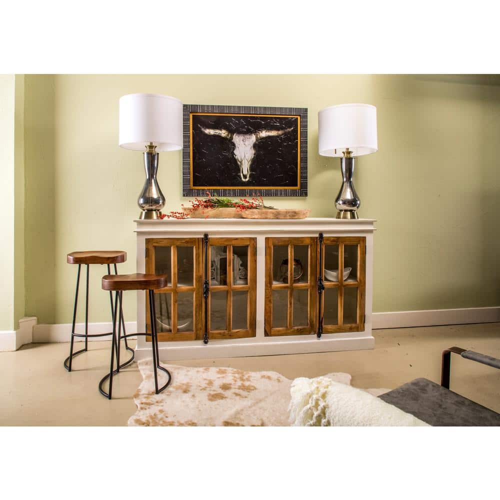 Two-Toned White and Natural Mango Wood Credenza with Tempered Glass