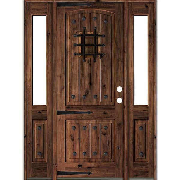 Krosswood Doors 70 in. x 96 in. Medit. Knotty Alder Left-Hand/Inswing Clear Glass Red Mahogany Stain Wood Prehung Front Door w/DHSL