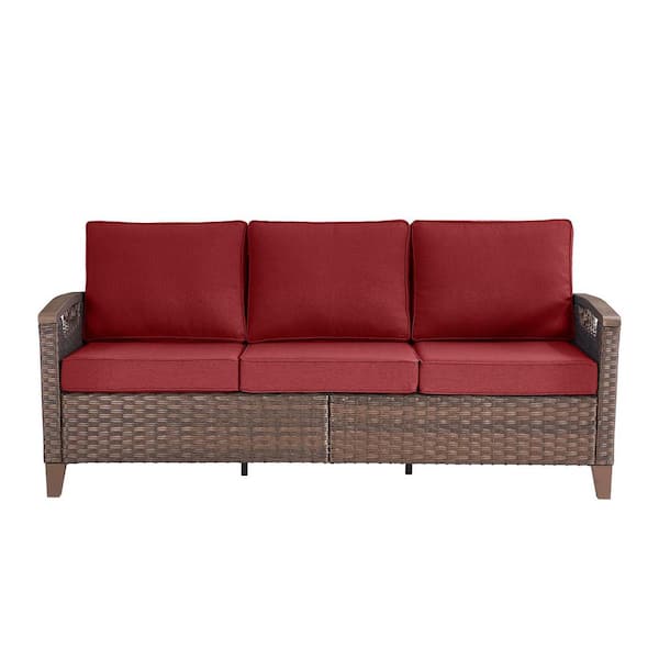 Concave All-Weather Brown Wicker Outdoor Couch, 3-Seat Patio Sofa with Red Cushion and Deep Seating
