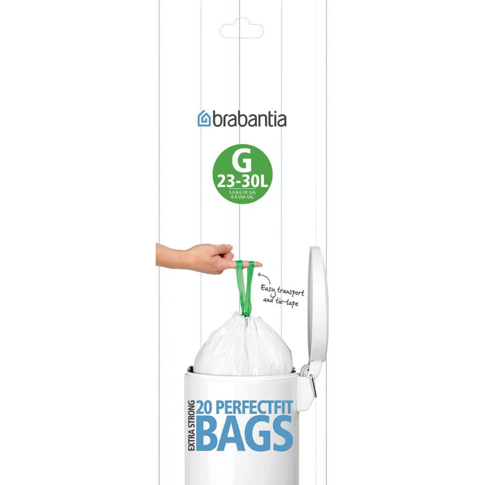  Brabantia PerfectFit Trash Bags (Size G / 6-8 Gallon) Thick  Plastic Trash Can Liners with Tie Tape Drawstring Handles (20 Bags) : Home  & Kitchen