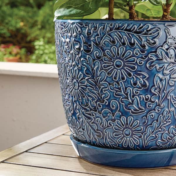 Vigoro Lillian Medium Blue Glazed Ceramic Planter with Attached Saucer and  Floral Decor (12 in. L x 12 in. W x 9 in. H) HUCR02386S-12M