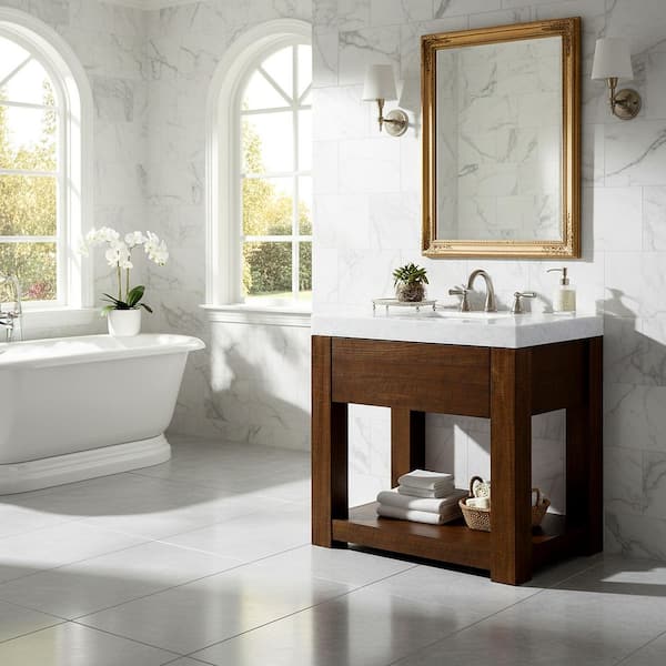 Alberto 36 in. Single Sink Walnut Bath Vanity with White Marble Top