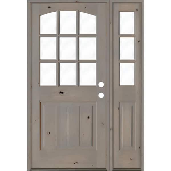 Krosswood Doors 50 in. x 80 in. Knotty Alder Left-Hand/Inswing 9-Lite Clear Glass Grey Stain Wood Prehung Front Door with Right Sidelite