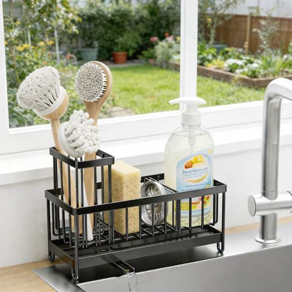 Black Metal Kitchen Sink Rack, Sponge Holder, Soap Dish Drain Storage Organizer, Brush Holder