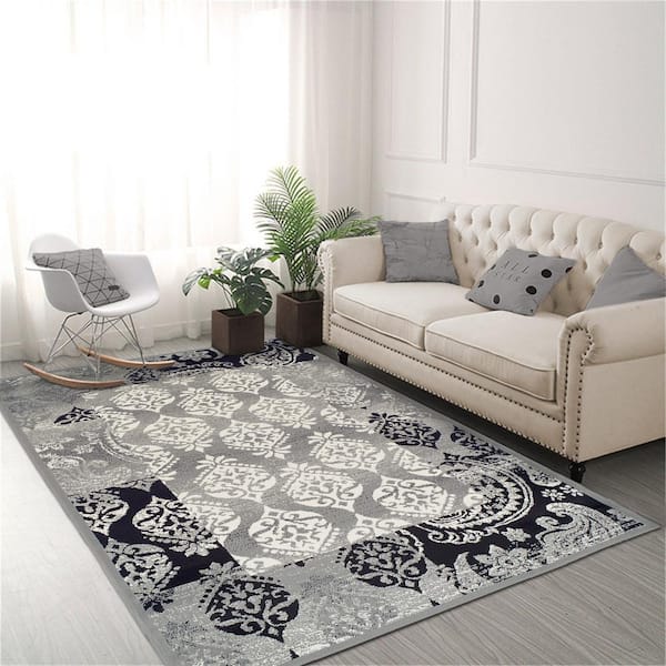 Mystique Black/Grey 8 ft. x 10 ft. Modern Damask Area Rug