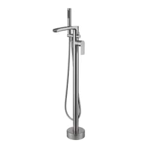 Single-Handle Waterfall Claw Foot Freestanding Tub Faucet with Hand Shower Floor Mount Tub Filler in Brushed Nickel