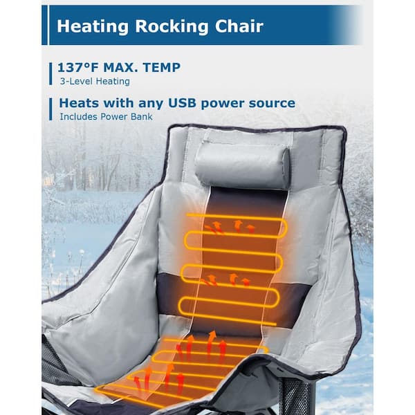 Grey and Black Oversized Heated Rocking Camping Chair, Portable Folding Heated Chairs Outdoor Sports with Power Bank