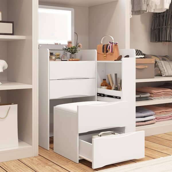 FUFU&GAGA 18.7 in. W 3-Drawer White Dresser Vanity Set with Flip-Top Mirror, See-Through Glass Top, Lights, Stool, Sliding Cabinet