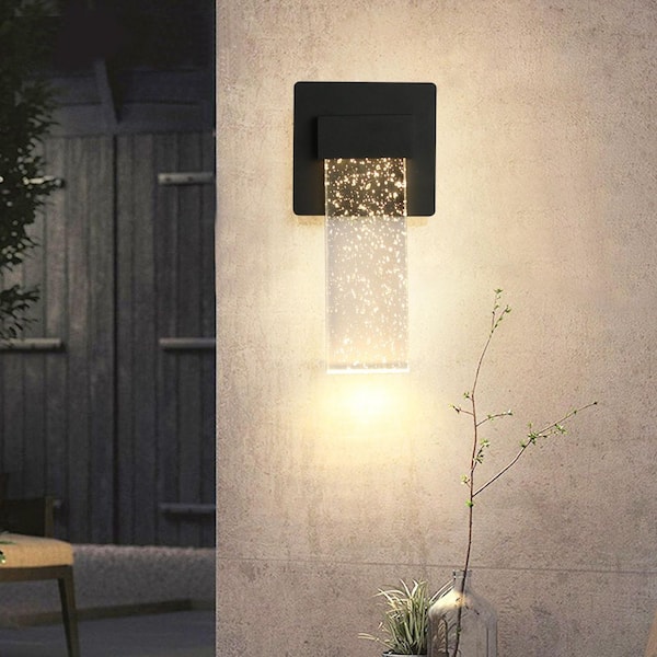 9.6 in. Black Modern Crystal Bubble Glass Integrated LED Outdoor Hardwired Garage and Porch-Light Lantern Sconce 3000K