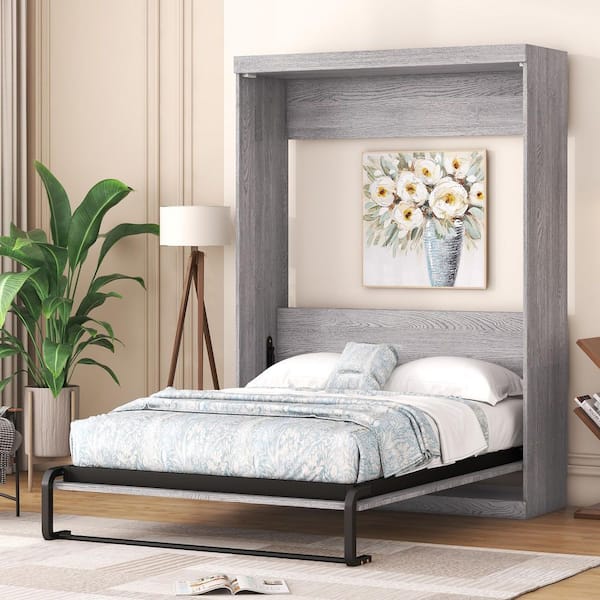 Xandrel Modern Gray Wood Frame Full Size Murphy Bed, Wall Bed Folded into a Cabinet