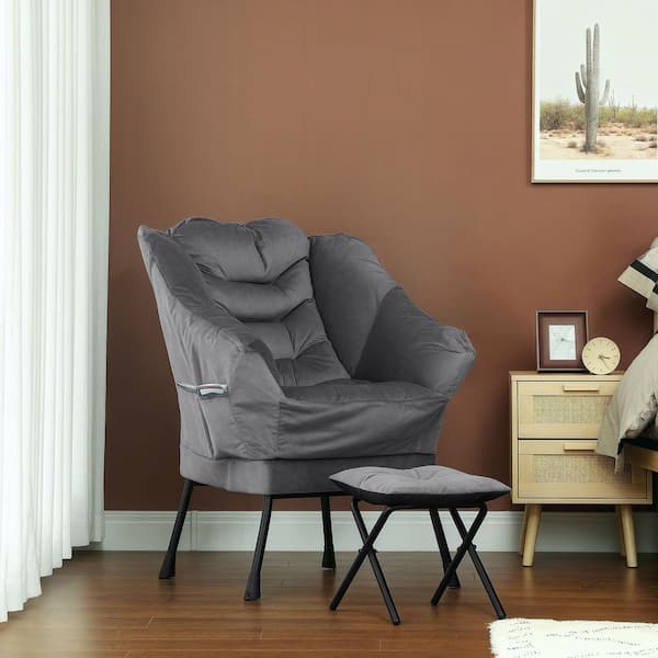 Lazy Chair with Ottoman Set, Fabric Upholstered Lounge Accent Chair with Armrests, Side Pockets, Gray