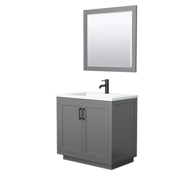 Wyndham Collection Miranda 36 in. W Single Bath Vanity in Dark Gray with Solid Surface Vanity Top in White with White Basin and Mirror