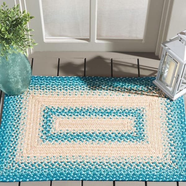 Braided Blue/Beige 3 ft. x 3 ft. Machine Washable Border Solid Color Interlace Square Area Rug