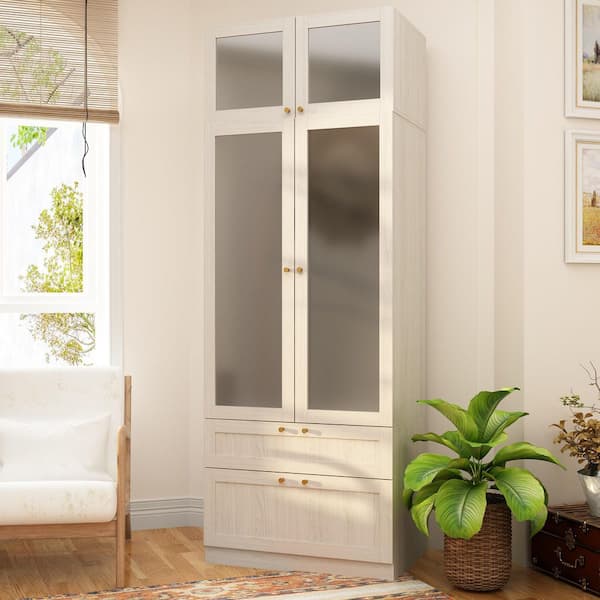 Light Oak Wood 31.5 in. Bedroom Armoire with Frosted Glass Doors and 2-Drawers