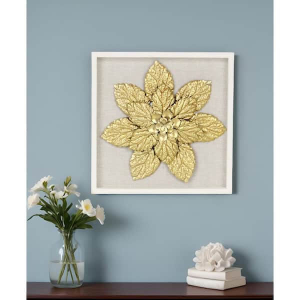 HomeRoots 12.5 in. x 12.25 in. Gold Flower Wood and Metal Wall Art