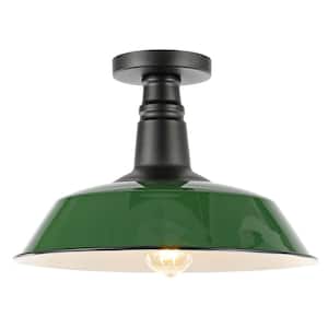 Camila 14 in. 1-Light Green/White Classic Industrial Indoor/Outdoor Iron LED Semi Flush Mount