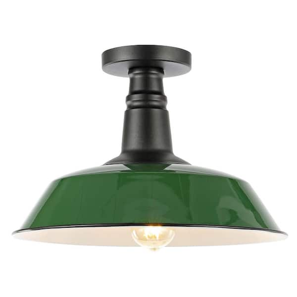 Camila 14 in. 1-Light Green/White Classic Industrial Indoor/Outdoor Iron LED Semi Flush Mount