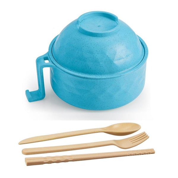 Microwave Ramen Cooker Set 33 oz. Sky Blue Wheat Straw with Spoon Fork Chopsticks Easy Clean Noodle Bowl