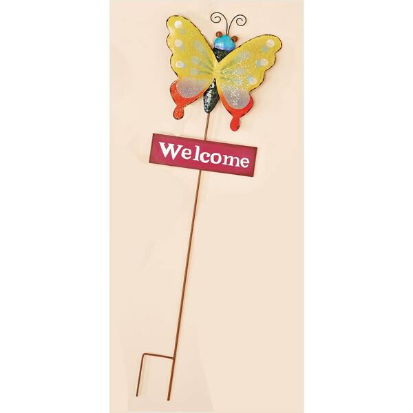 Unbranded 35 in. Metal Butterfly Garden Stake With Pink Welcome Sign