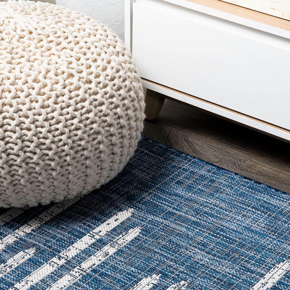 Bohemian Stripe Blue and Ivory Synthetic Area Rug 5' x 8'