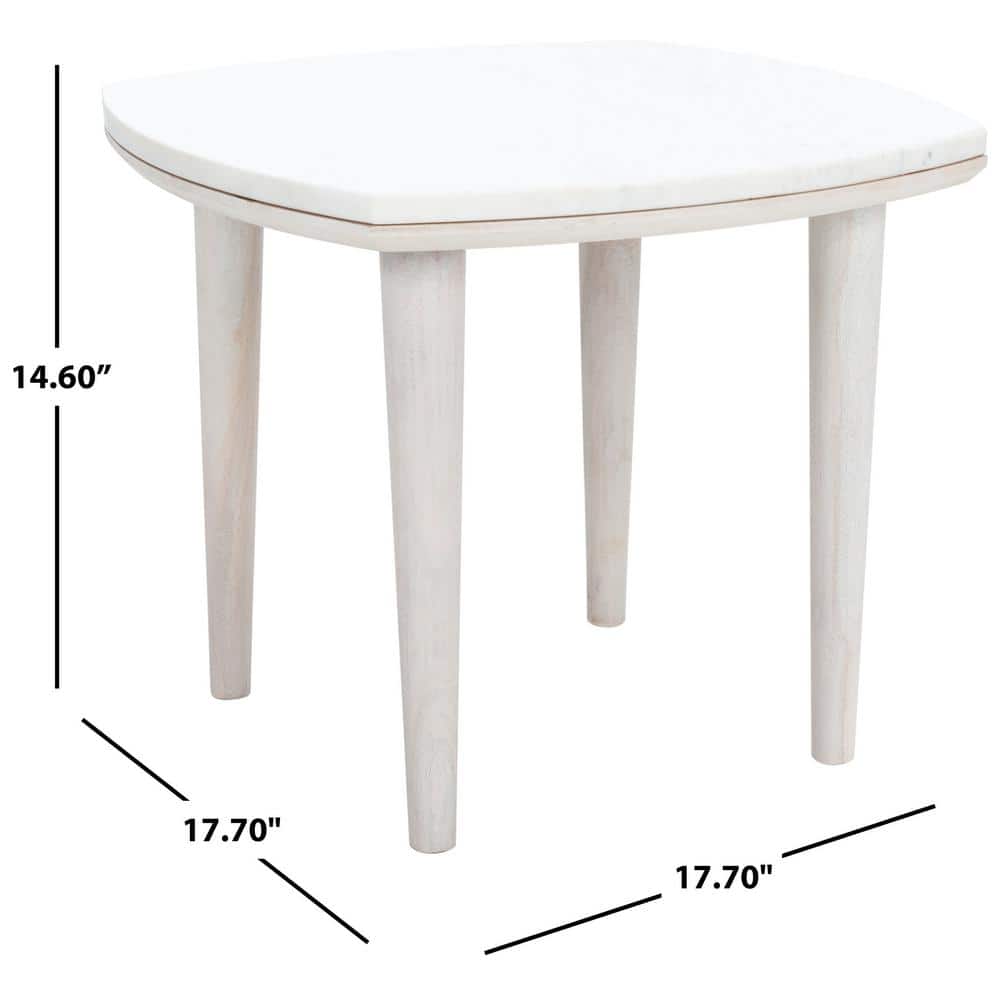 Elegant Round 21" Wood & Stone Side Table in White Wash