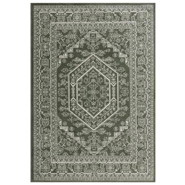 Adirondack Dark Green/Ivory 9 ft. x 12 ft. Border Medallion Area Rug