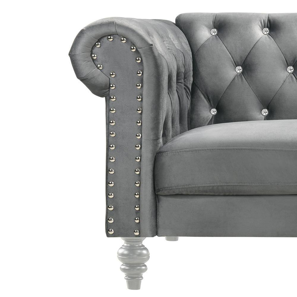 Emma Gray Velvet Chesterfield Loveseat and Sofa Set with Crystal Buttons