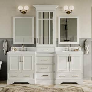 Stafford 84 in. W x 22 in. D x 89 in. H Double Sink Freestanding Bath Vanity in White with Carrara White Quartz Top