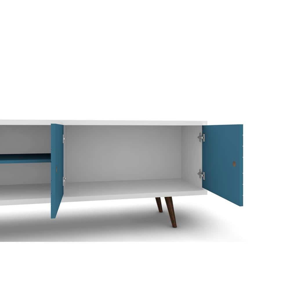 Aqua Blue and White Mid-Century Modern 63" TV Stand with Cabinet