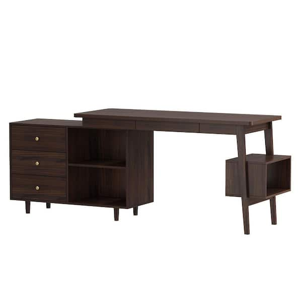 FUFU&GAGA 55.1 in. Width L-Shaped Brown Wooden 3-Drawer Commercial Desk, Computer Desk, Writing Desk with Shelves Storage