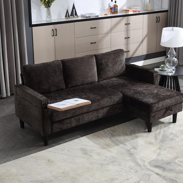 HOMEFUN 73 in. Modern Black Chenille Pull Out Sleeper Sectional Sofa Bed with Side Hidden Table and Storage Chaise