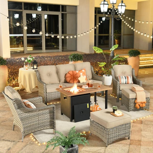 Toject Eureka Grey 6-Piece Wicker Outdoor Patio Conversation Sofa Seating Set with a Storage Fire Pit and Beige Cushions