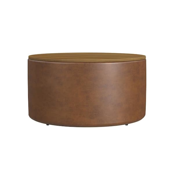 Homepop Brown Faux Leather Storage Ottoman with Stoarge and Wood Top