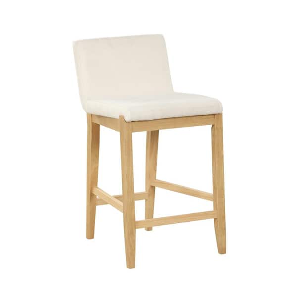 Gracie 24 in. Modern Counter Height Wood Bar Stool w/ Back, Textured Linen Upholstery, Cream Boucle/Warm Pine, Set of 2