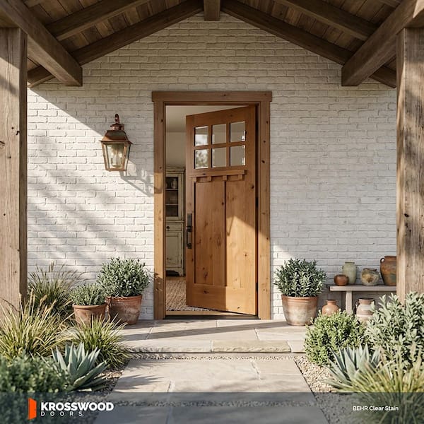 36 in. x 80 in. Craftsman Knotty Alder 6-Lite Clear Glass with Dentil Shelf Unfinished Wood Front Door Slab