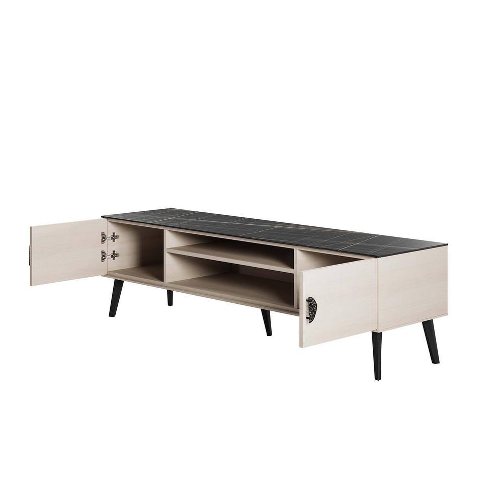 Haley 70.9" White and Black Marble TV Stand with Cabinet