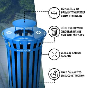 38 Gal. Blue Metal Slatted Outdoor Commercial Recycling Receptacle Trash Can with Rain Bonnet Lid