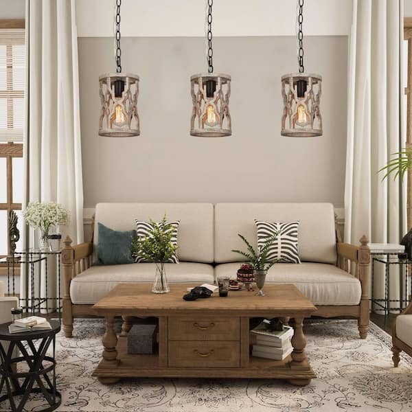 Grain Farmhouse Kitchen Island Pendant Light 1-Light Wood Drum Cage Rustic Hanging Ceiling Light with Bronze Accents