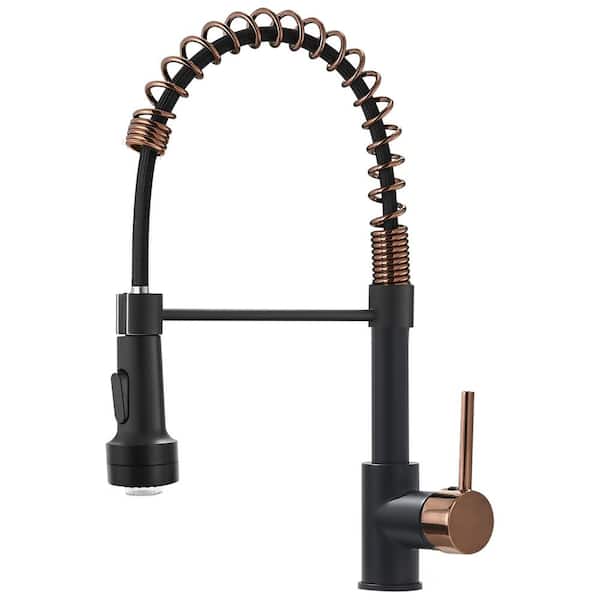 Fapully Single Handle Pull Down Sprayer Kitchen Faucet, Single Hole Spring Kitchen Faucet with Matte Black and Rose Gold