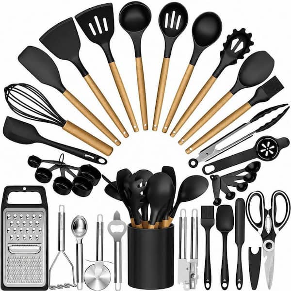 Black Silicone Kitchen Utensil Set, 34-Piece Heat Resistant Kitchen Gadgets and Tools With Grater, Wood Handles