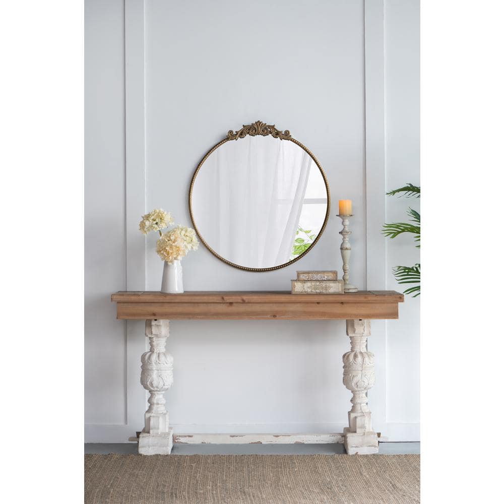 Round Gold Baroque-Inspired Mirror with Silver Detailing