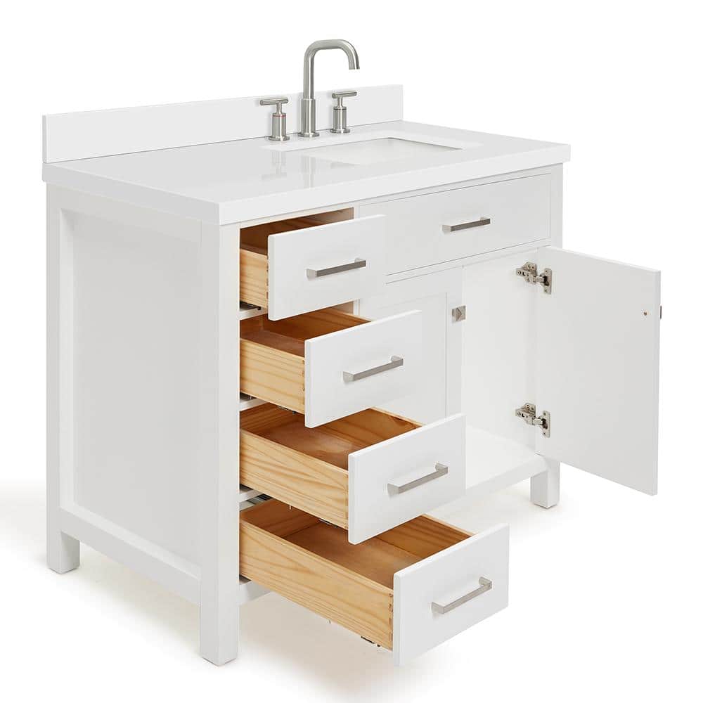White Quartz Top Freestanding Single Vanity with Storage