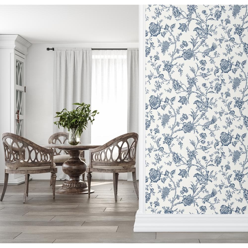 Navy Blue Floral Chinoiserie Peel and Stick Vinyl Wallpaper