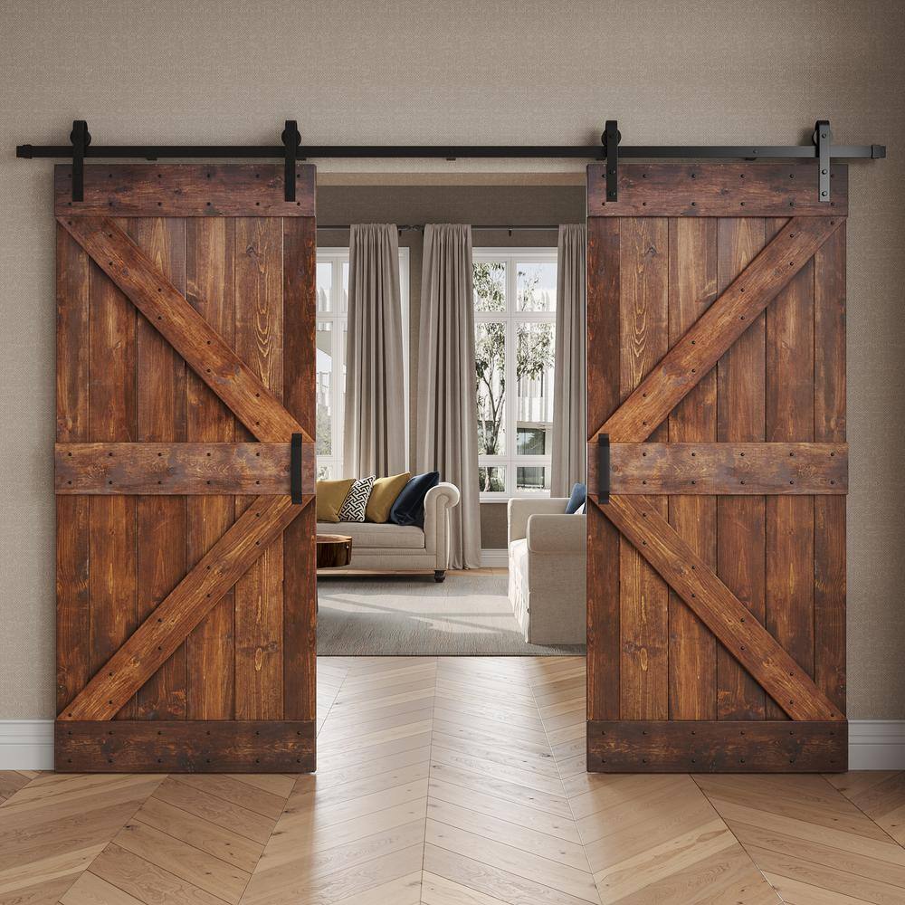 Dark Walnut Pine Wood Double Sliding Barn Door with Hardware Kit, 76" x 84"