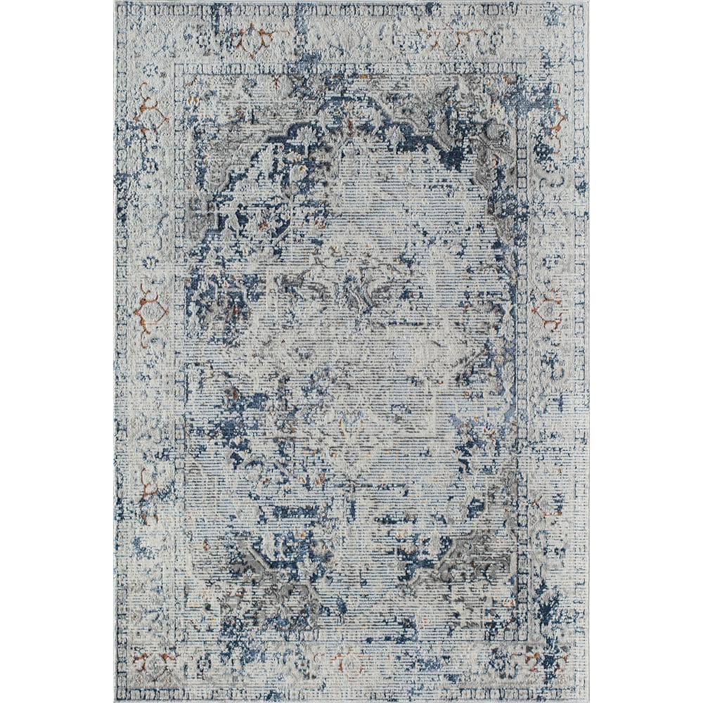 Blue and Gray Vintage Floral Rectangular Area Rug, 8' x 10'
