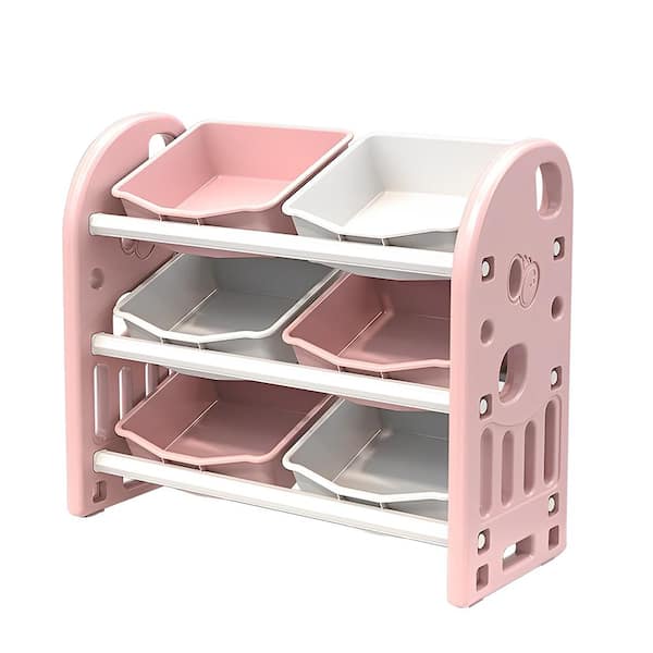 Aoibox Kids Furniture Pink Storage Cabinet with HDPE Shelf and 6-Bins for Playroom, Bedroom, Living Room