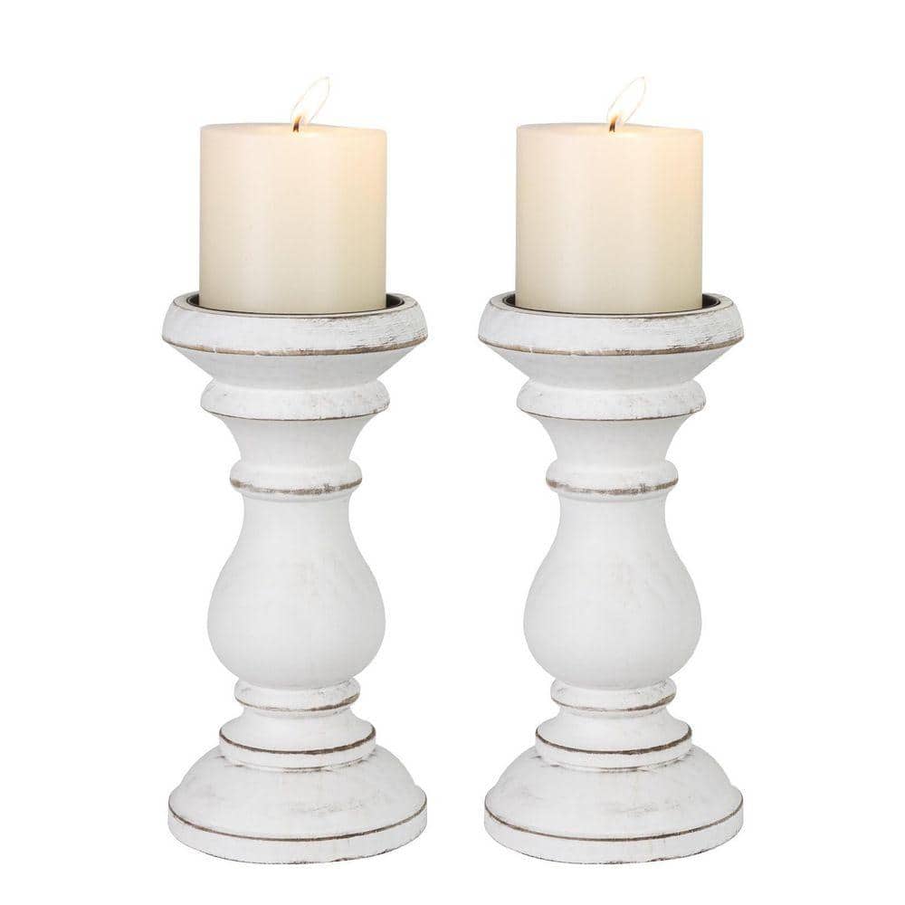 Antique White Wooden Pillar Candle Holders Set of 2, Rustic