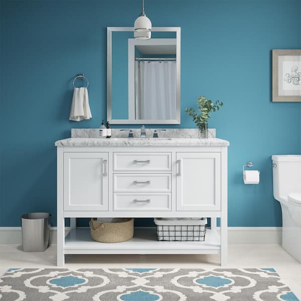 Everett 49 in. Single Sink White Bath Vanity with White Carrara Marble Top (Assembled)