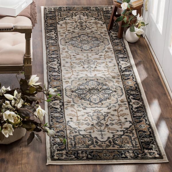 Lyndhurst Cream/Navy 2 ft. x 12 ft. Floral Medallion Speckled Runner Rug